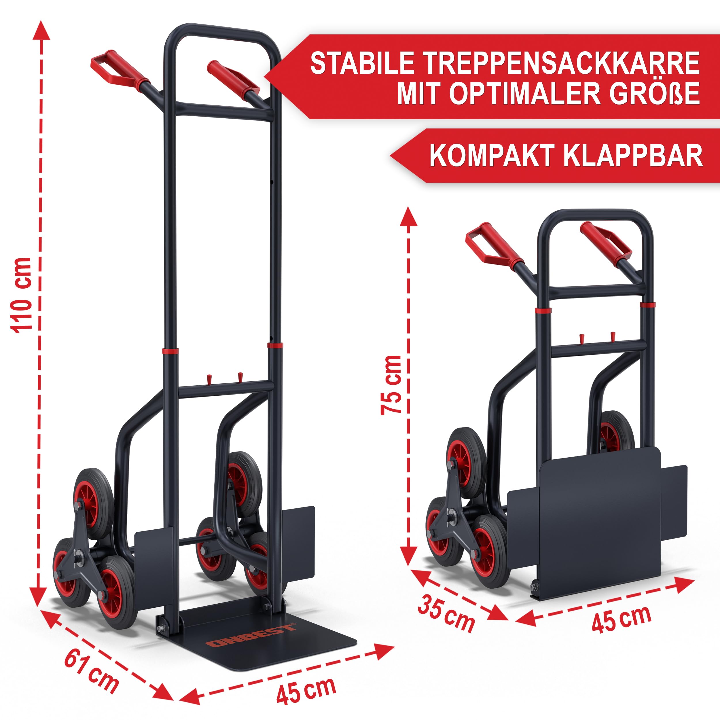 ONBEST Treppensackkarre klappbar 150 kg 3-Fach Reifen | Sackkarre und Treppensteiger mit Stahlrahmen, XL-Schaufel, Hartgummi-Reifen und Handgriffen
