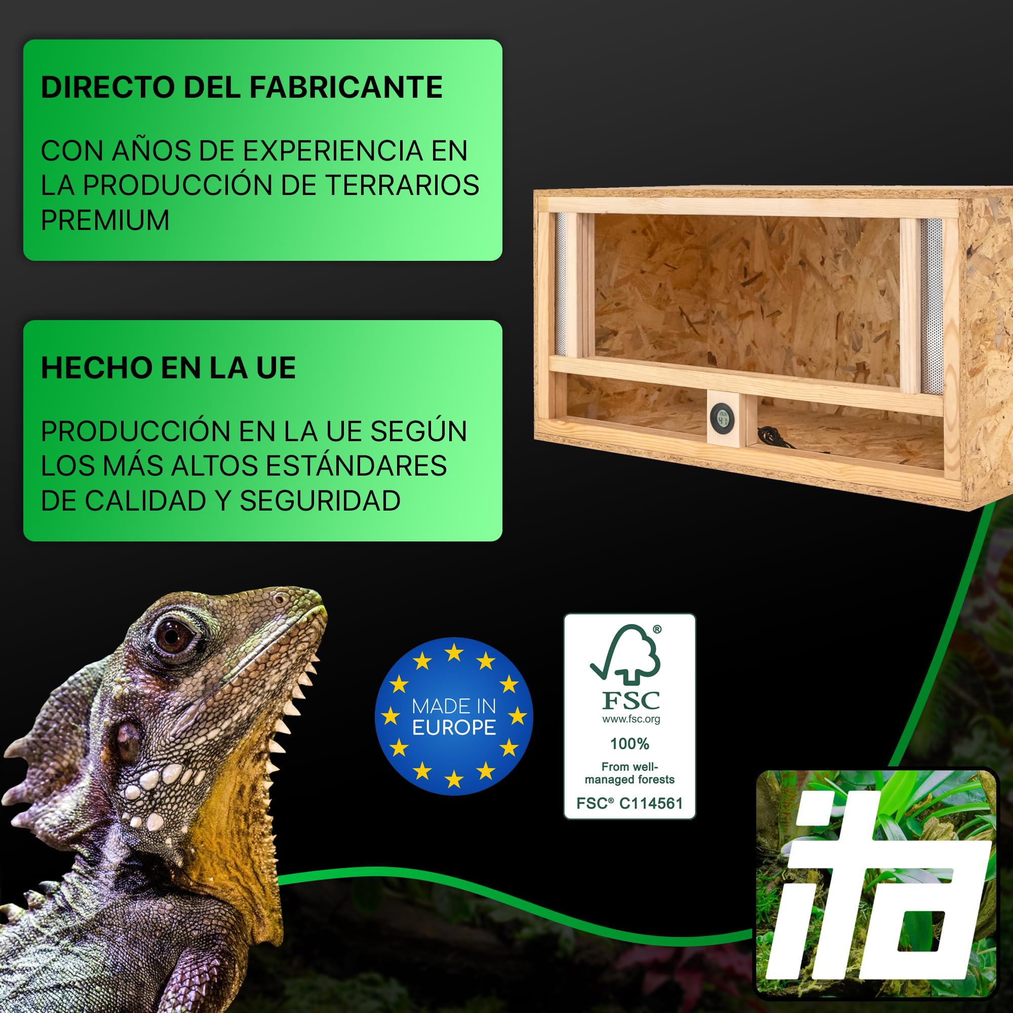ITA Terrario de Madera 80x40x40 cm con ventilación Frontal e higrómetro Integrado - Terrarios de OSB-3 - para Reptiles, Serpientes, Anfibios - Producto UE, Certificado FSC
