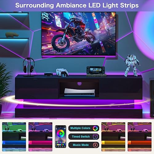 Miniatura 3 de Soporte de TV LED de alto brillo negro de 63 pulgadas con paneles laterales para TV de 50, 55, 60, 65, 70, 75 pulgadas, centro de entretenimiento