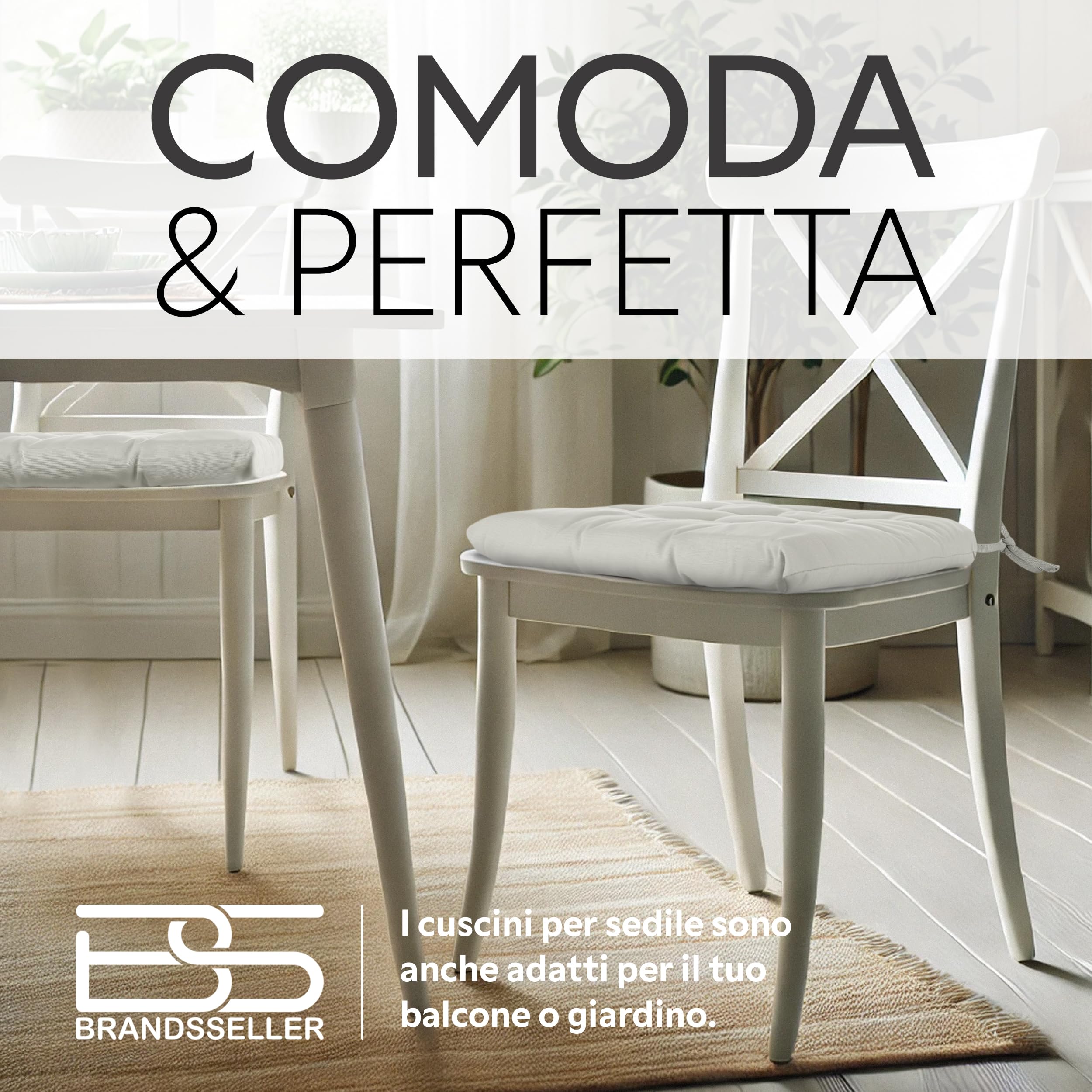 Brandsseller Set di 4 Cuscino per sedia 40x40 cm Imbottito con Cinturini di Fissaggio Bianco