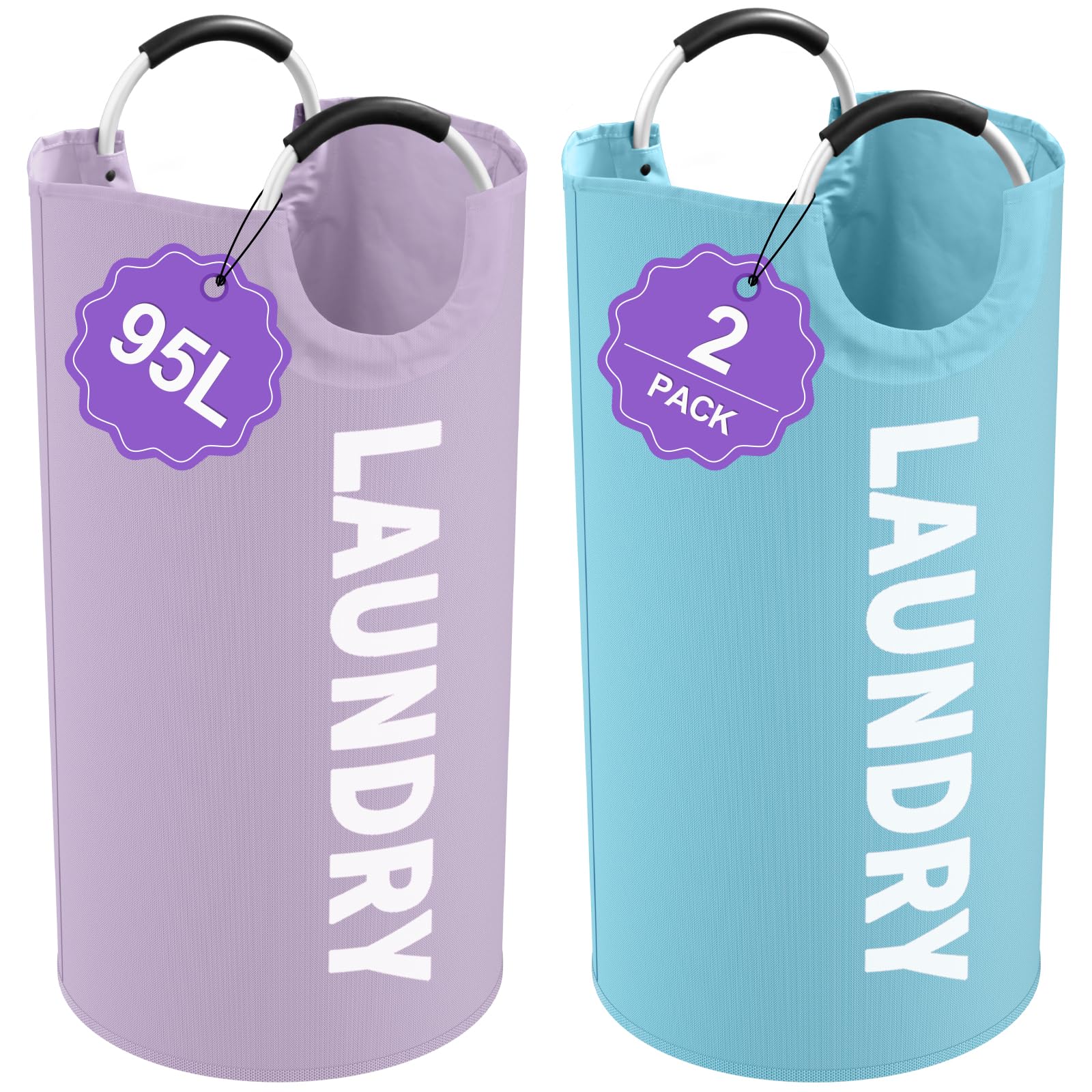 Set of 2 Collapsible Laundry Baskets with Handles, 95L Big Laundry Hampers for Bedroom, Waterproof Clothes Baskets, Independent Dirty Clothes Hamper for Travel, Nursery, Purple/Blue