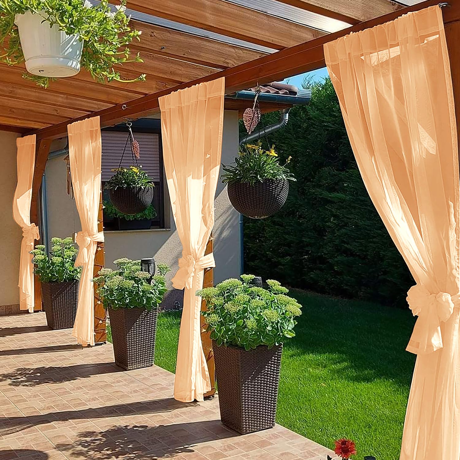 SpaceDresser Transparente Vorhänge für den Außenbereich, wasserdicht, für Terrasse, 4 Paneele, Stangentasche, Voile, durchscheinender Vorhang für Wohnzimmer, 132 x 244 cm, Beige