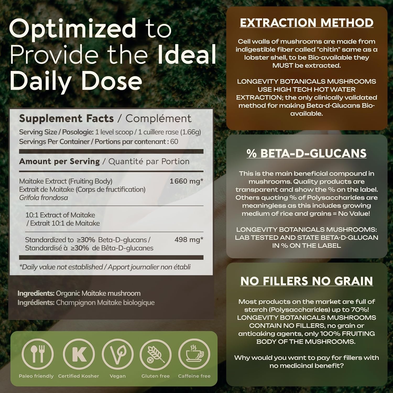 Longevity Botanicals Organic Maitake Mushroom Powder Supplement Extract 100g | Grifola Frondosa Fruiting Body | ≥30% Beta-D-Glucans | 60 Servings of 1,660mg | Supports Daily Wellness