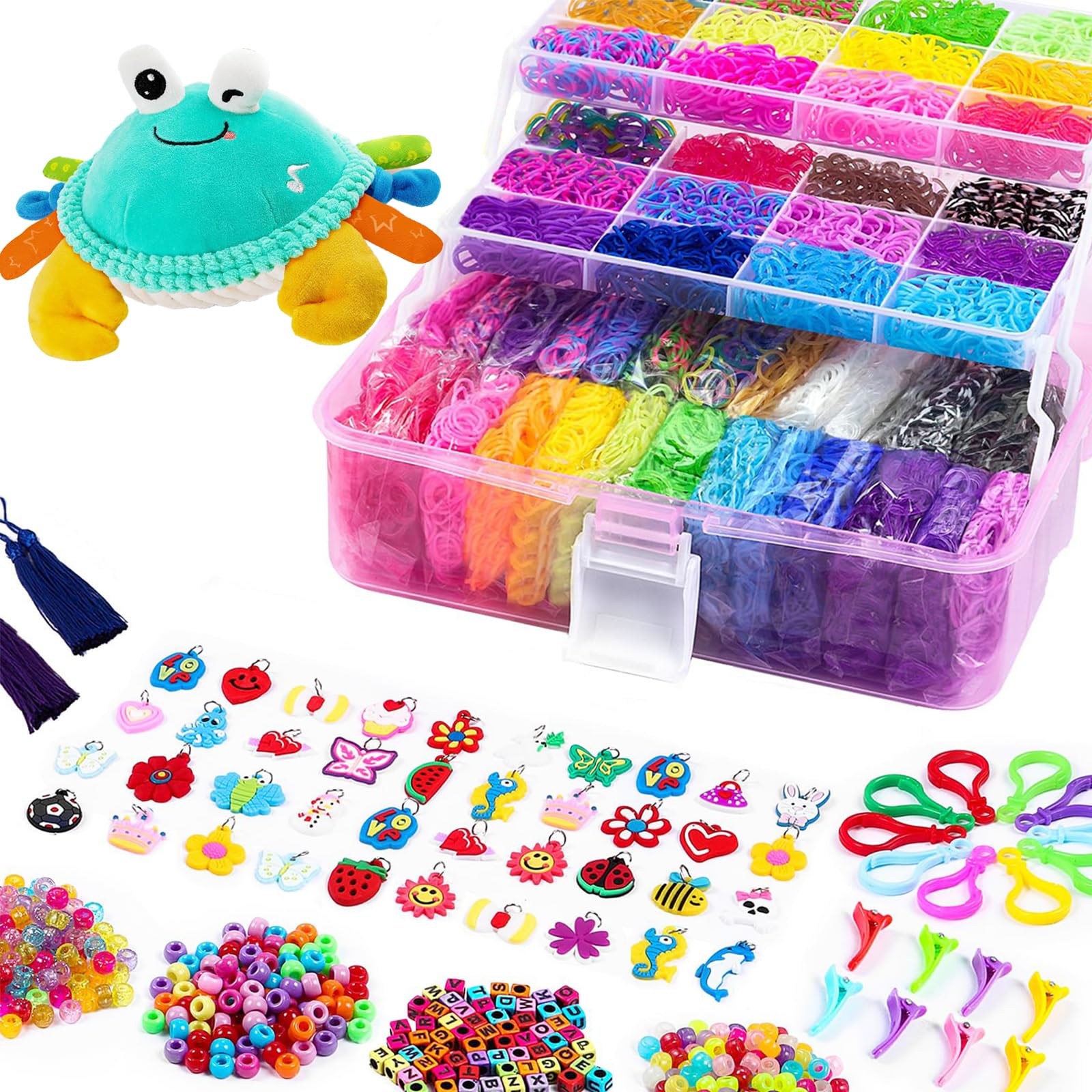 FunzBo Loom Bänder Set XXL Koffer mit reichen Zubehör über 15000+ Gummis in 28 Farben Inkl.Halsketten,Ringe und Gummiband Armbänder selber machen Gummi Bastelset Kinder ab 6 Jahre