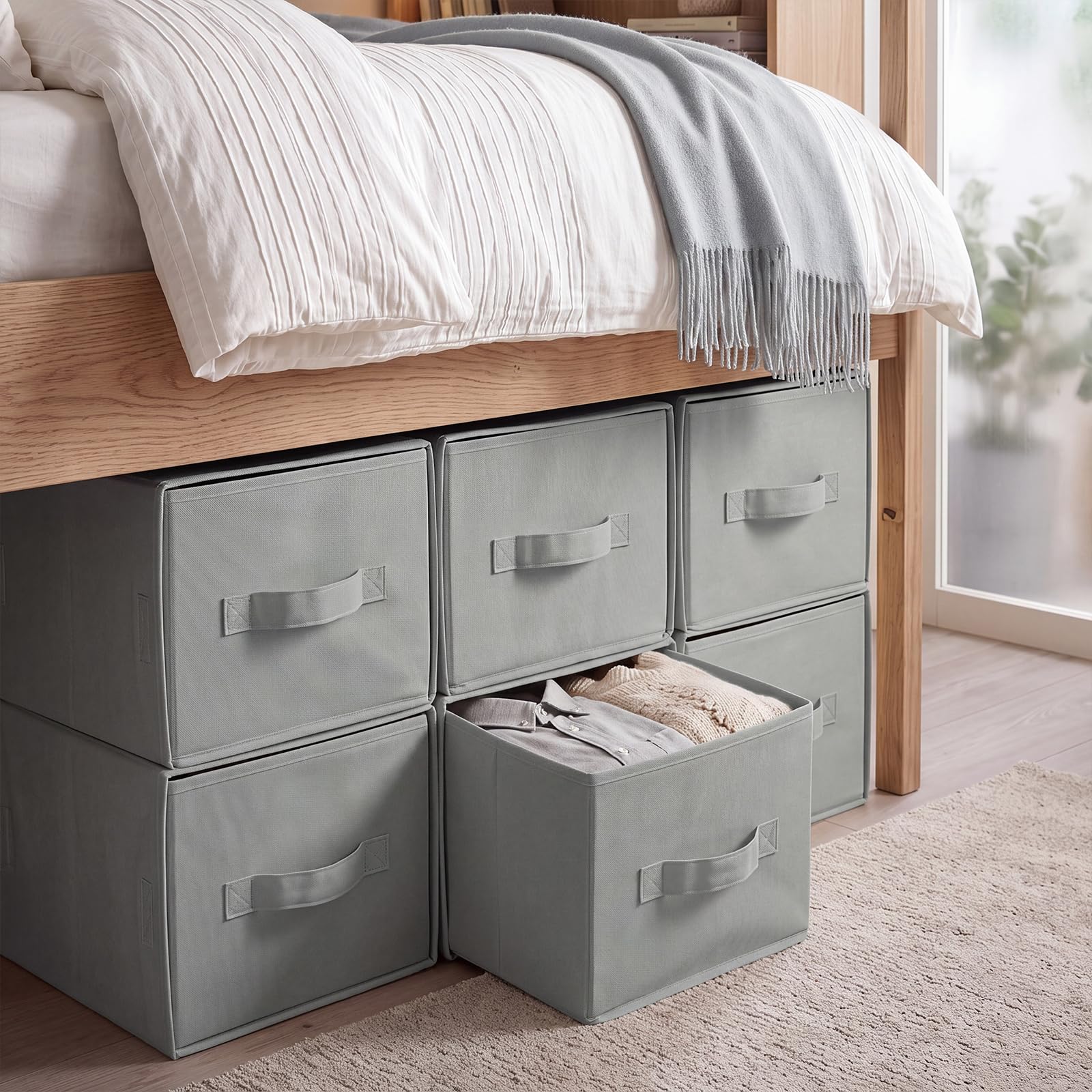 weysat 6 pack stackable closet organizer large under bed storage bins with drawer collapsible cube organizer shelf storage fabric bins toys, clothes, towels cubby for living room, dorm, closet