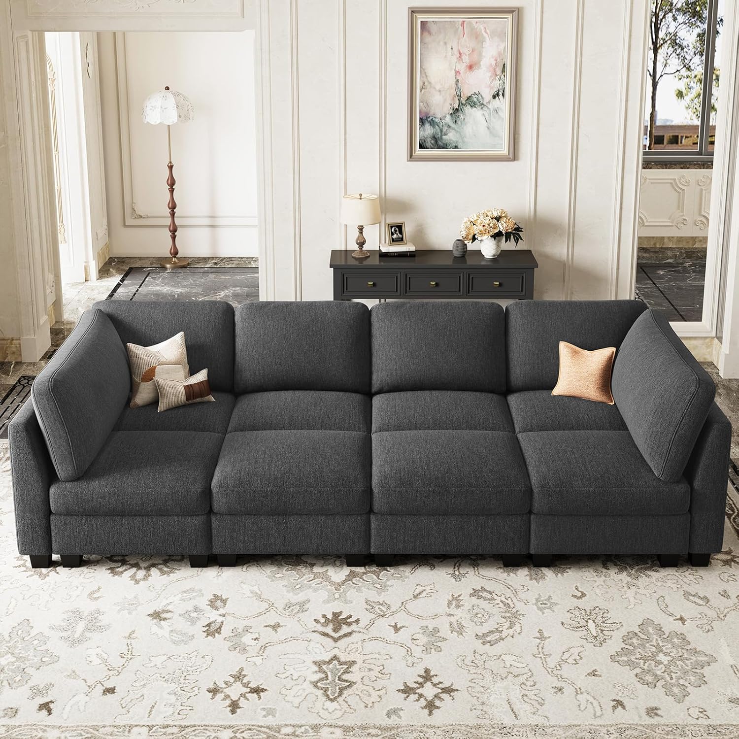 Belffin 111" Cloud Sectional Sleeper Sofa with Deep Seat Modular Sectional Sofa Bed Couches for Living Room. Dark Grey Couch