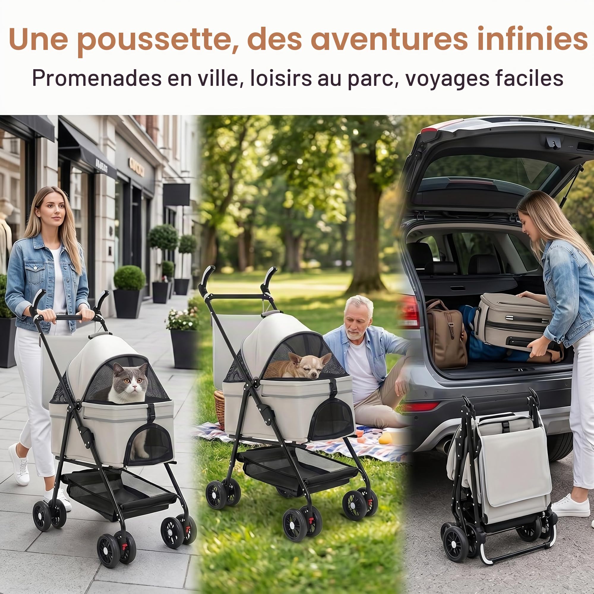 Poussette pour chien 3 en 1, pliable, avec sac de transport amovible, pour chiens et chats jusqu'à 20 kg, panier de courses et sac suspendu, fenêtre en maille avec ouverture d'alimentation, pliable