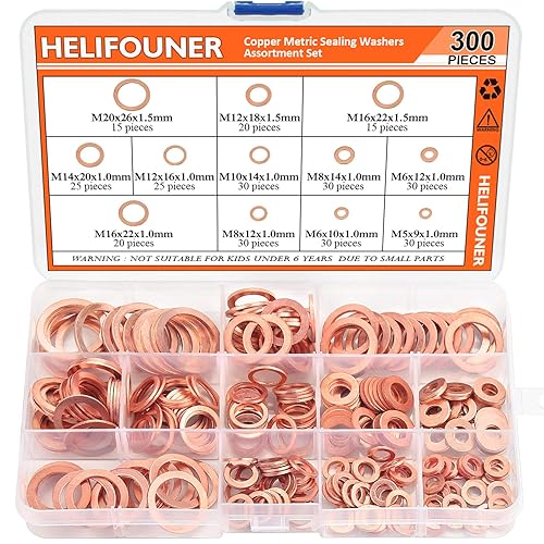 HELIFOUNER - Juego surtido de arandelas de cobre 300 piezas 12 tamaños kit de arandelas de sellado métricas de cobre HELIFOUNER - Juego surtido de arandelas de cobre 300 piezas 12 tamaños kit de arandelas de sellado métricas de cobre