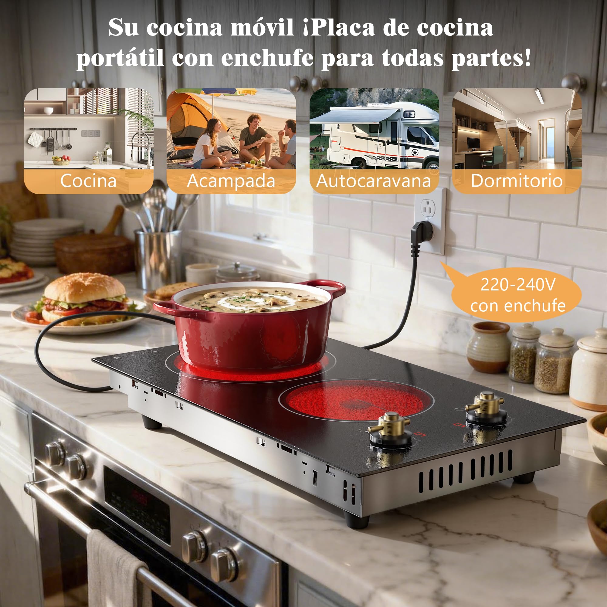 Karinear Placa Vitrocerámica de 2 Fuegos con Enchufe, Vitroceramica con Doble Mando Giratorio, Placa Eléctrica Independiente, Empotrable o Móvil, 220-240 V, 30 CM, 3000 W