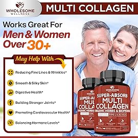 Wholesome Wellness Super-Absorb Multi Collagen Pills (Type I II III V X) Organic Herbs & Bioperine - Hair, Skin, Nails - Hydrolyzed Peptides Protein Supplement for Women & Men (90 Capsules)