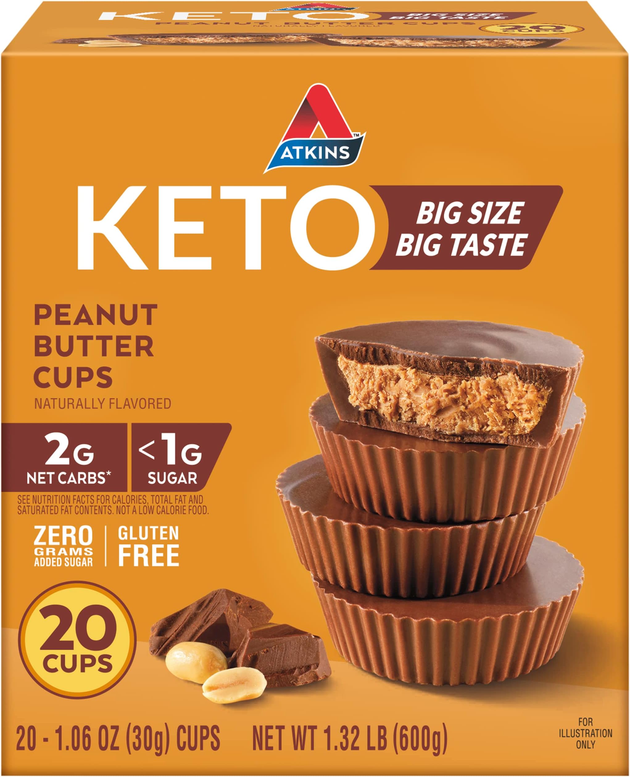 Atkins Keto Peanut Butter Cups, Naturally Flavored, Zero Grams Added Sugar, Gluten Free, 20 Count
