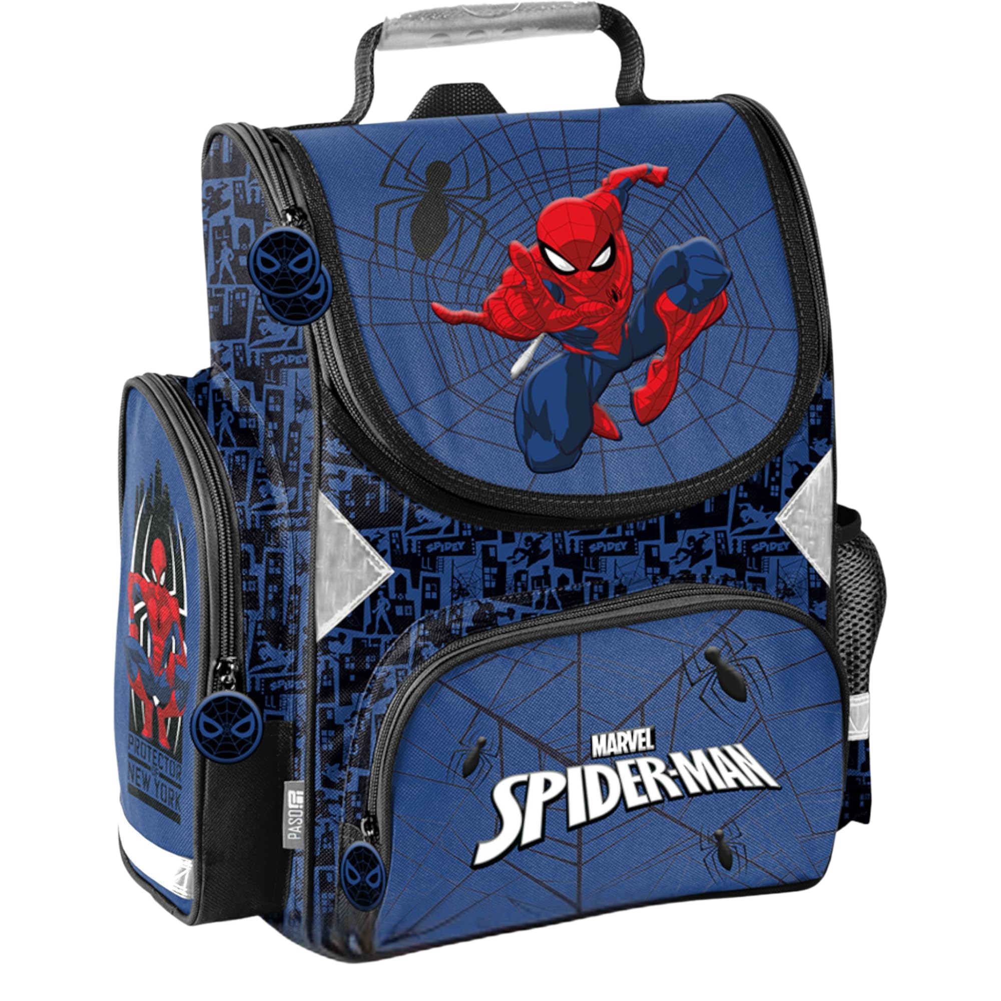 PASO- Schulranzen für Jungen, 3/5/7/14er-Set - Schul-Rucksack für Kinder mit Federmäppchen - Schuhbeutel - Spiderman Motiv- 1-3 Klasse