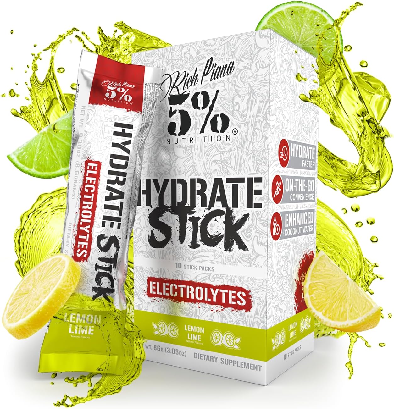 5% Nutrition Hydrate Stick Hydration Packets | Sport Electrolyte Powder Mix Packets with Coconut Water (Lemon Lime) (10 Count) Hydrate Stick Lemon Lime image 2 of 9 B0BLD2QZKZ