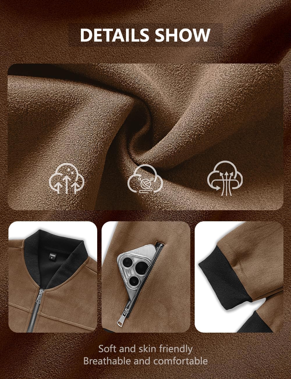 Men's Jacket Faux Suede Varsity Bomber Full Zip Casual Outerwear
