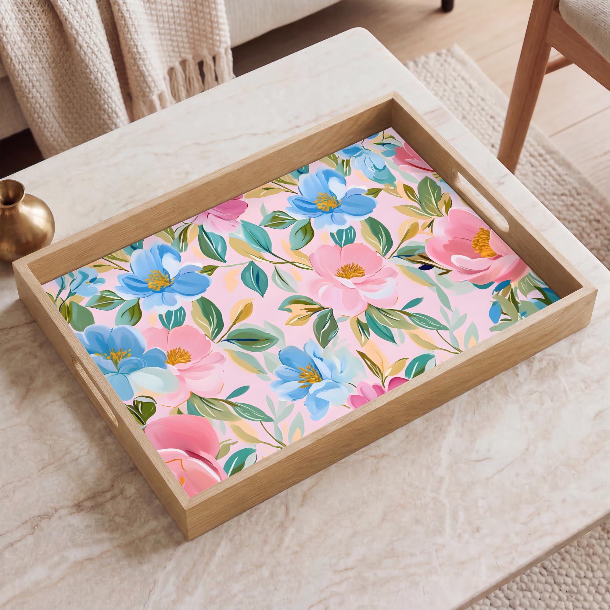 Bandeja De Madera Rectangular 50x35 cm Bandejas para Servir Comida Desayuno Decorativas Roble Cocina Tabuleiro Cafe Decoracion Azul - Rosa - Flores