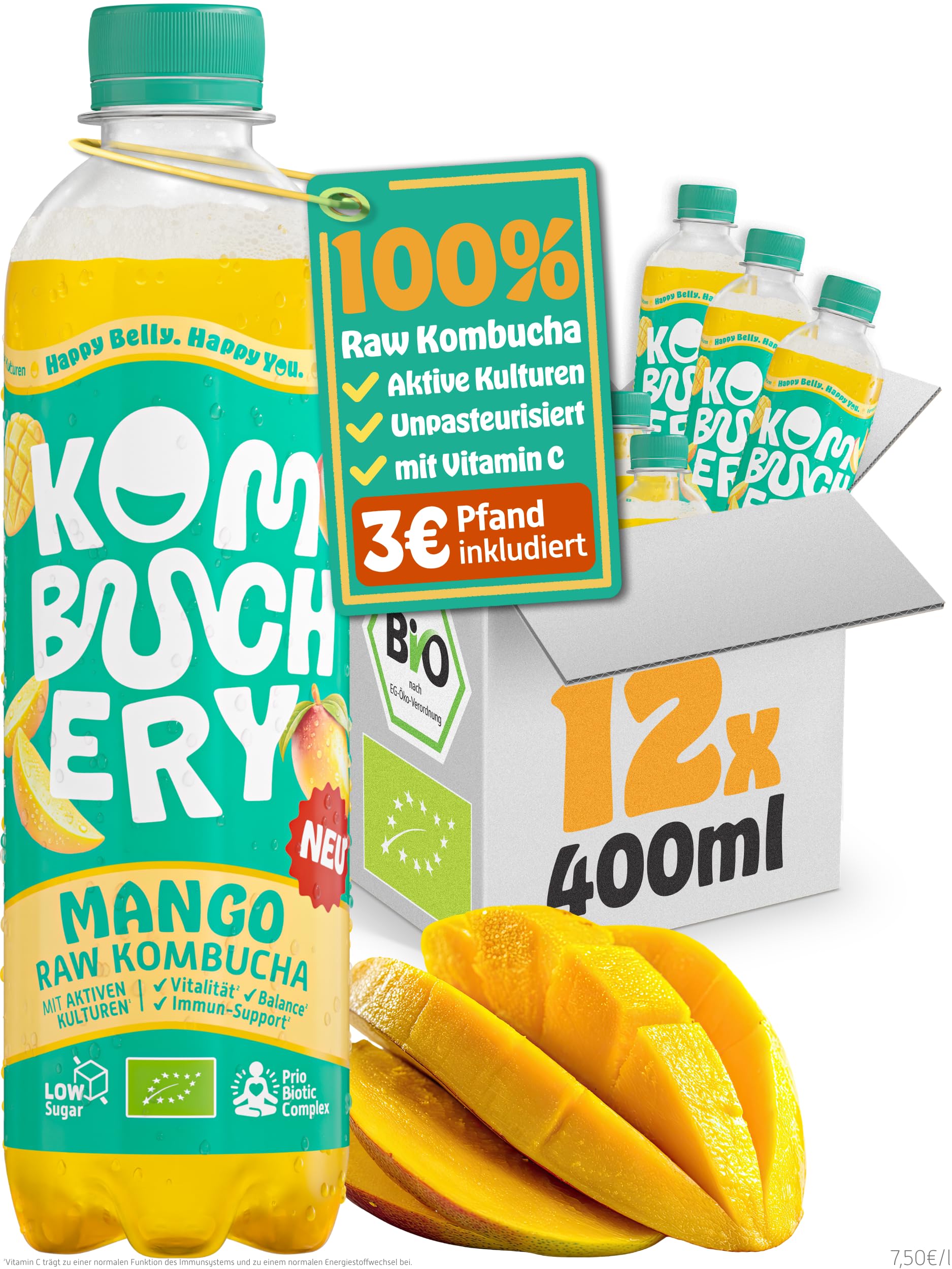 KOMBUCHERY® Mango Raw Kombucha BIO | 12 x 400ml | Fermentierter Tee mit aktiven Darm-Kulturen | Zuckerarm & Kalorienarm | Unpasteurisiert, PrioBiotic, Vegan, Testsieger | inkl. 3€ PFAND
