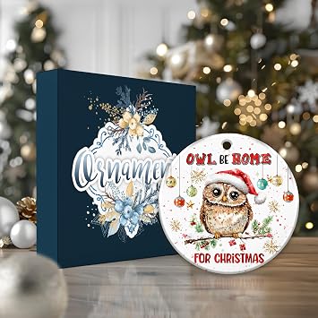 Owl Be Home for Christmas Ornament 2025 – Cute Owl Christmas Tree Decoration with Santa Hat, Holiday Pun Ornament, Funny Animal Lover Gift, Ceramic Keepsake Collectible