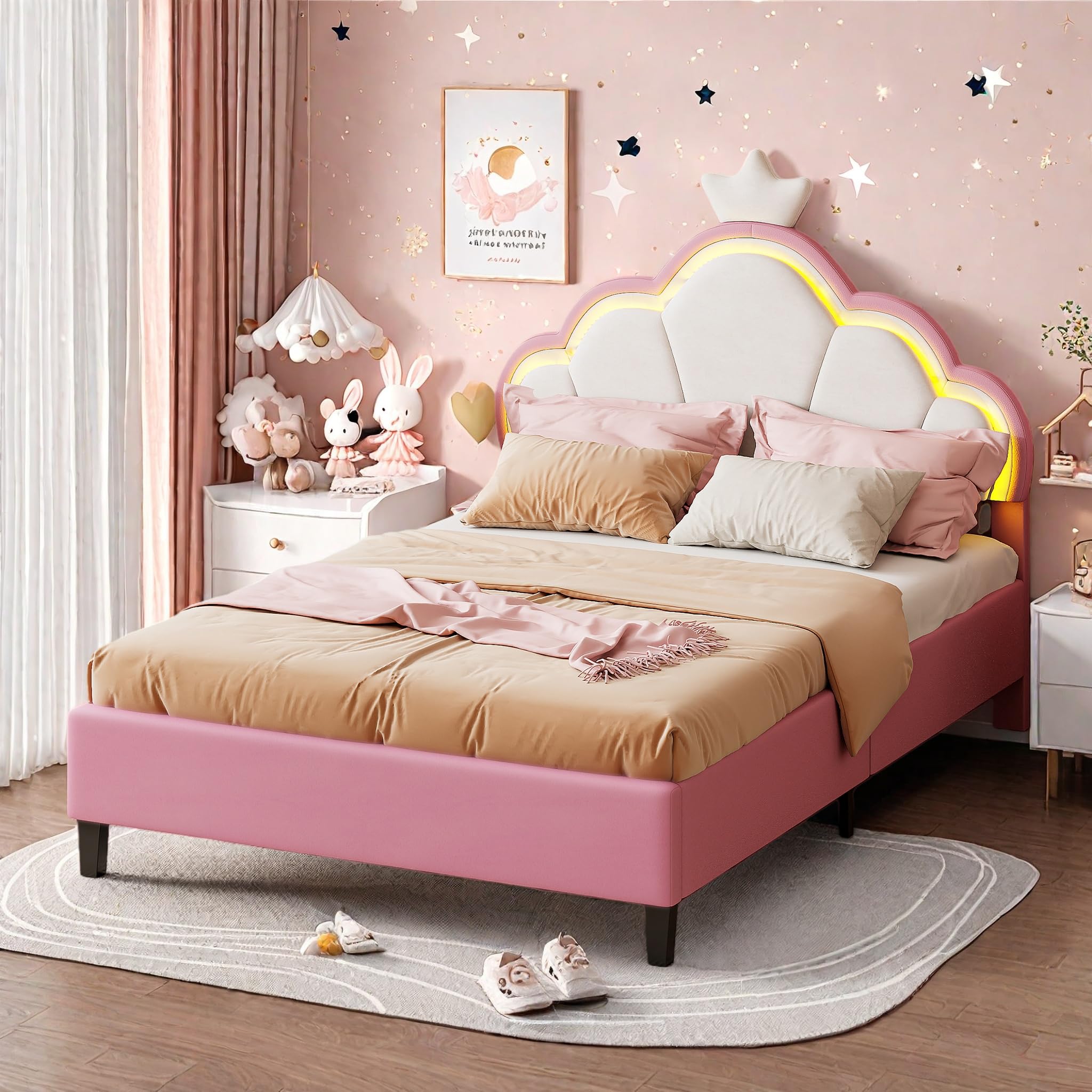 Lit Fille 90x200 cm, Lit Enfant Rembourré avec Tête de lit réglable et LED, Lit Princesse Fille avec Sommier à Lattes, Lit 1 Place Enfant, Rose, sans Matelas