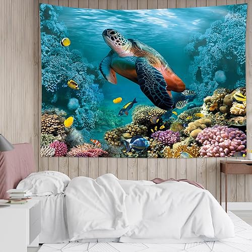 Miniatura 5 de HVEST Tapiz de tortuga marina para colgar en la pared, peces tropicales y coral en mundo submarino para dormitorio, océano azul, paisaje natural,