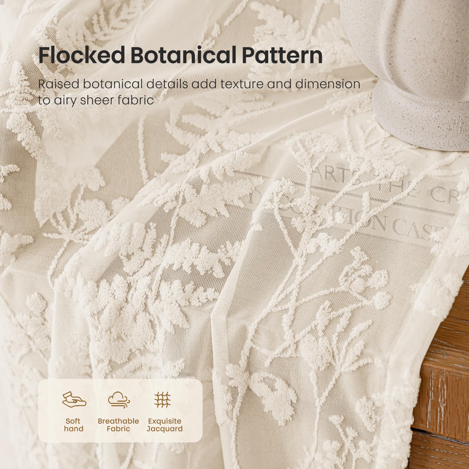 Auglufab Beige 3D Floral Semi Sheer Curtains 52W x 84L 2 Panels — product photo