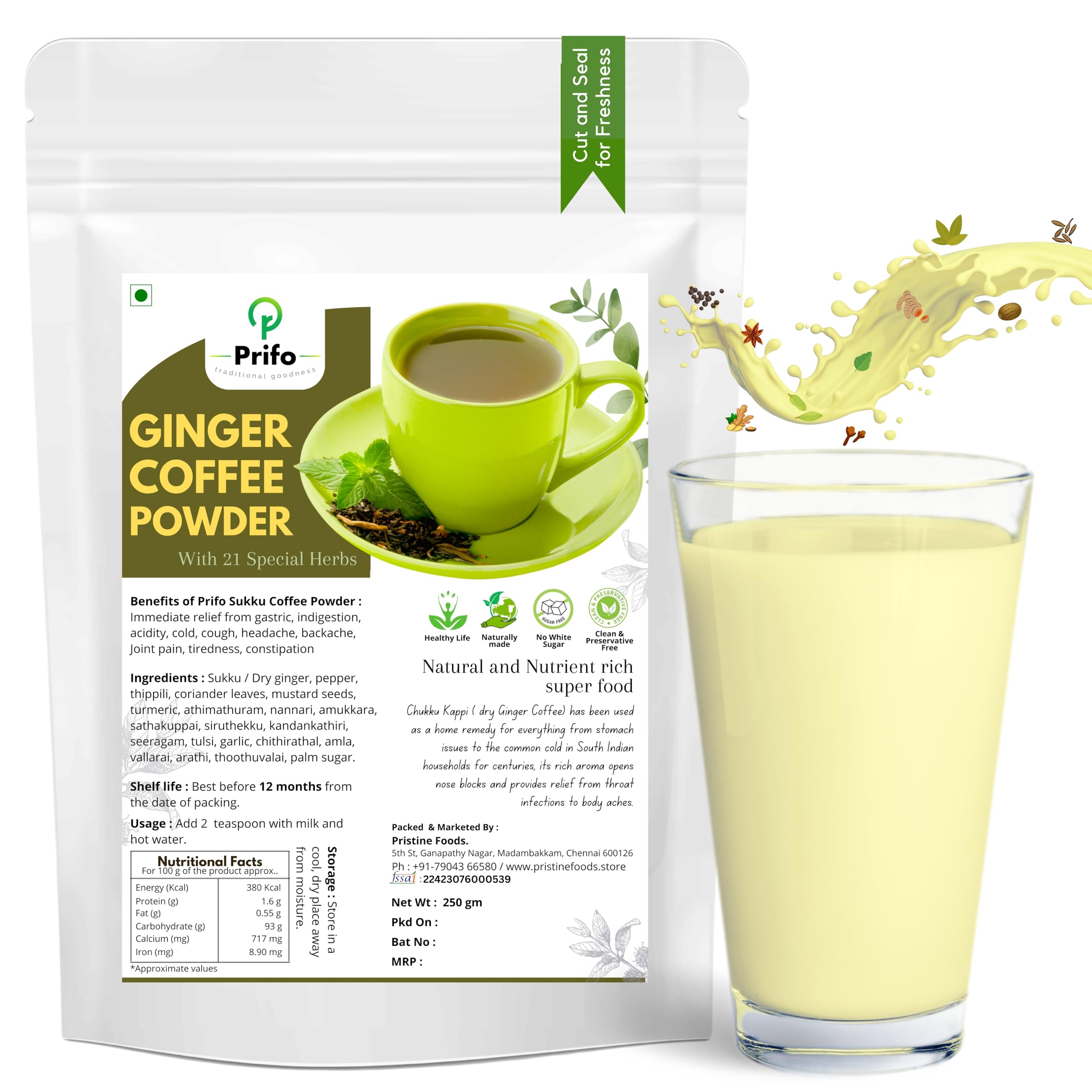 Prifo Ginger Coffee Powder with 21 Herbs | Herbal Sukku Kaapi | Natural Ayurvedic Drink for Cold, Cough & Immunity | White Sugar-Free | Preservative-Free | 250 gm Pack
