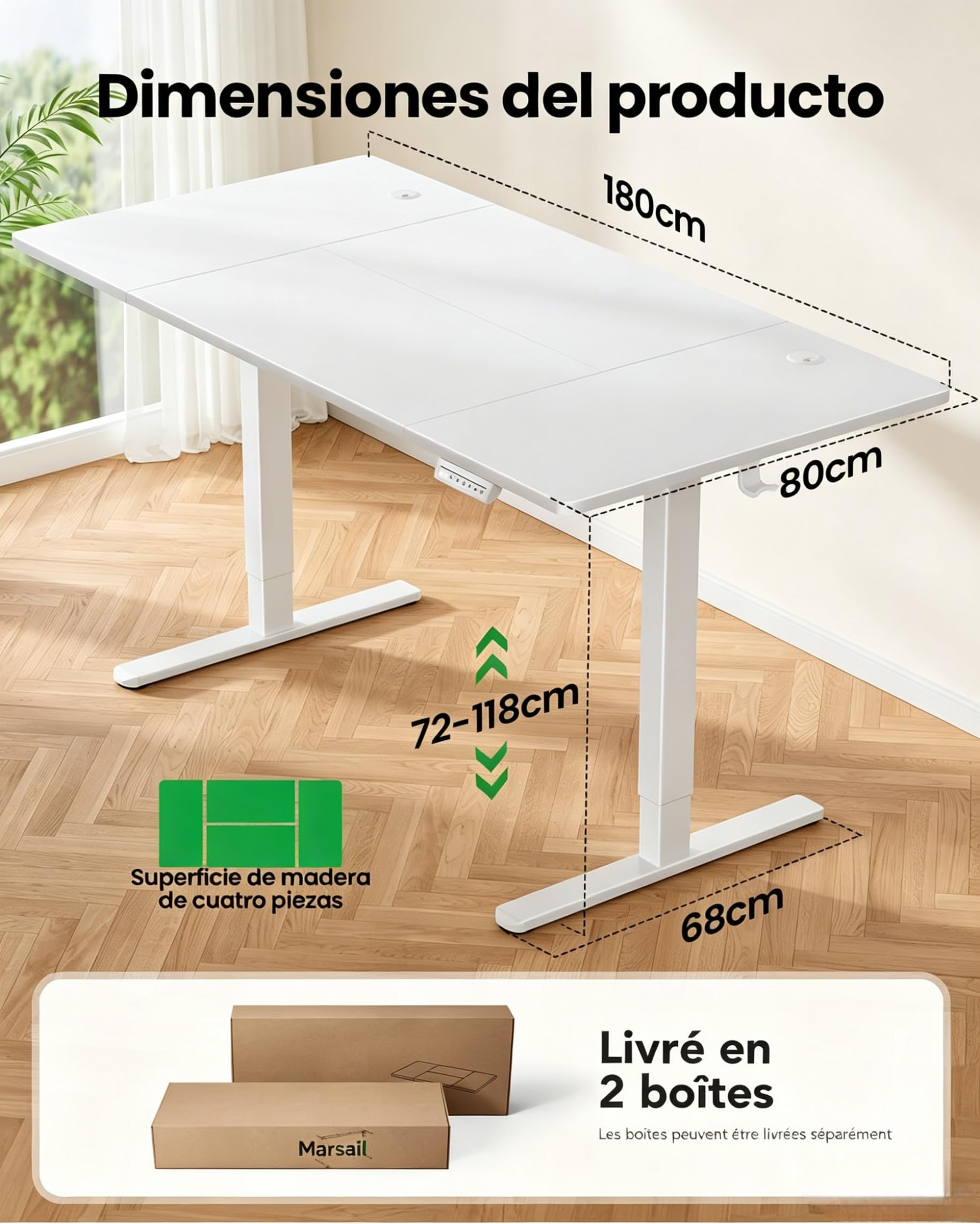Marsail Escritorio Elevable Eléctrico 180x80, Ajustable en Altura 72–118 cm con Panel de 4 Memorias, Mesa Gaming y Computadora, Motor Silencioso ≤55 dB, Capacidad hasta 80 kg
