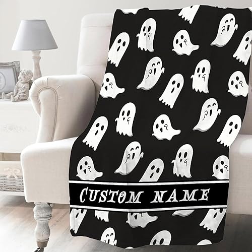 Manta personalizada con diseño de fantasma, diseño de cielo nocturno negro, espeluznante, regalos para niñas y niños, manta de franela de forro