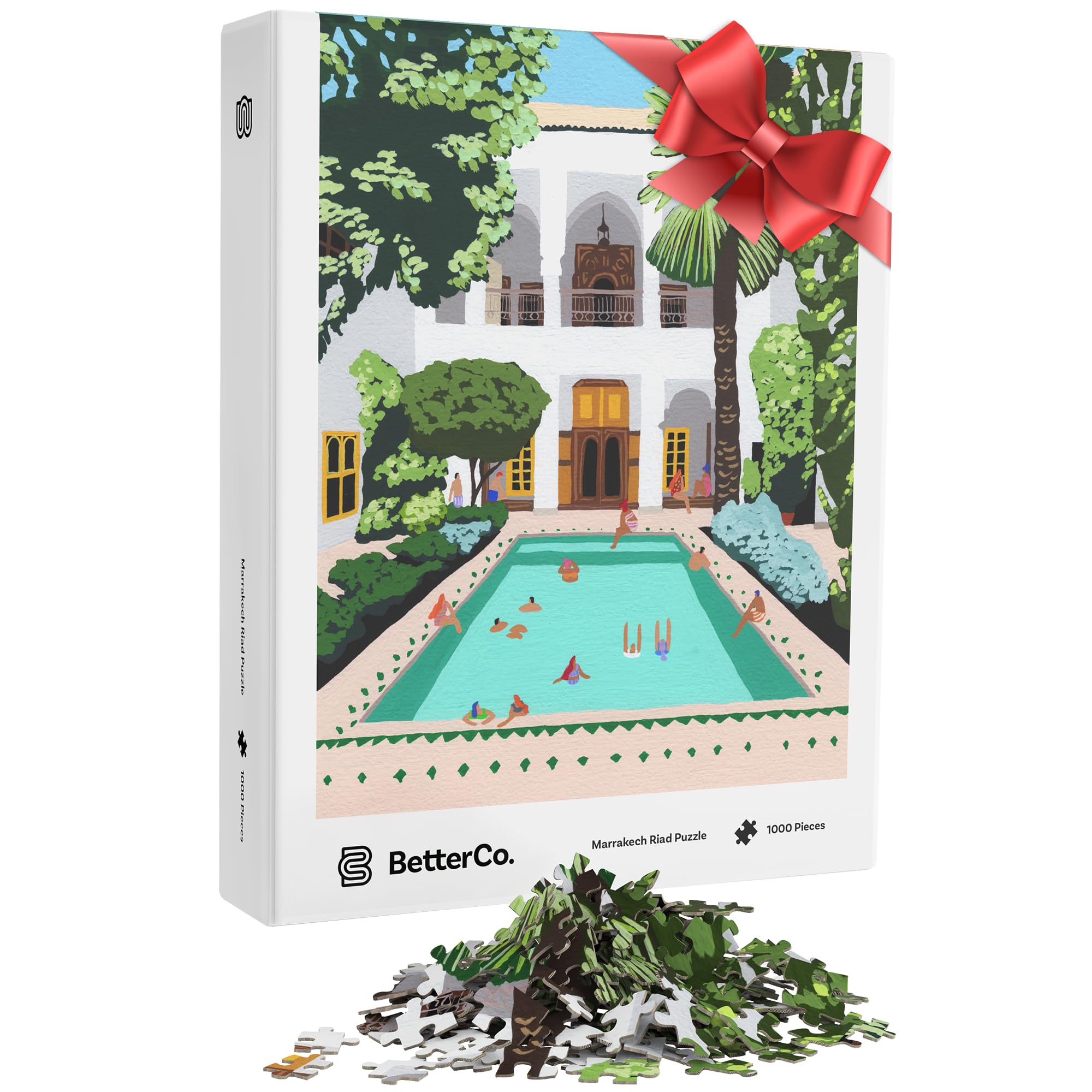 BetterCo. Marrakech Riad Puzzle for Adults - 1000 Pieces - This Difficult 1000 Piece Puzzle is an Illustrated Painting of a Beautiful Hotel and Pool in Morocco
