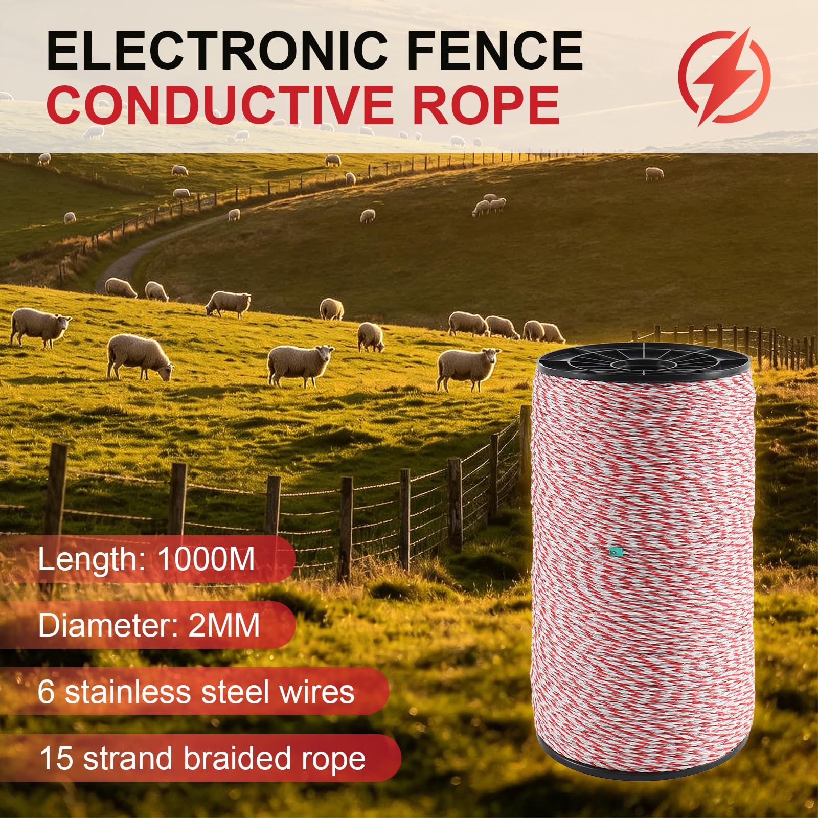 1000M Cuerda para cerca eléctrica, cercas de alambre para ganado de acero inoxidable, cuerda conductora para cerca, para Valla Electrificada para Animales Jabalí Vacas Caballos Perros