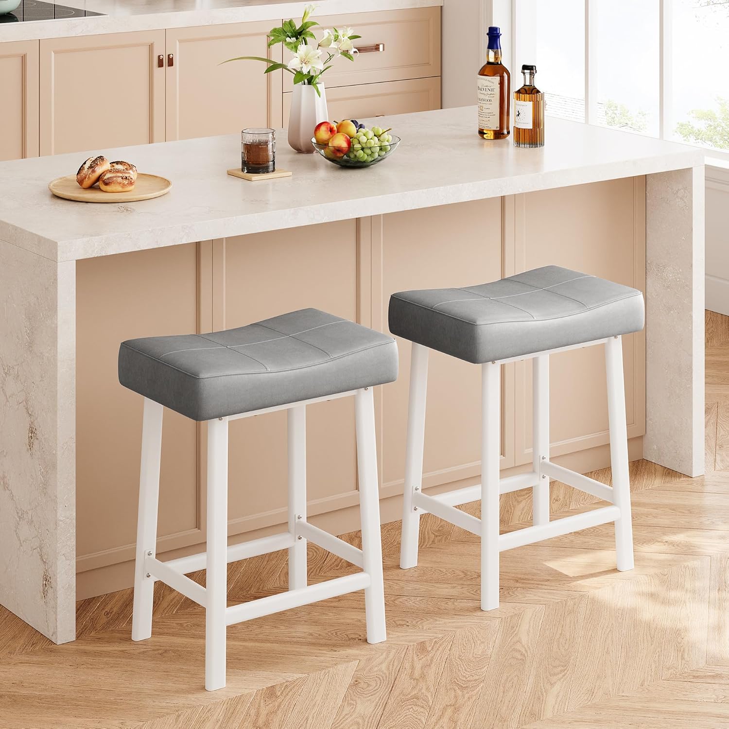 IDEALHOUSE Counter Height 24" Barstools Set of 2, Modern Upholstered Counter Stool with Curved Surface, PU Leather Backless Saddle Stool, for Kitchen Counter or Home Bar, Grey