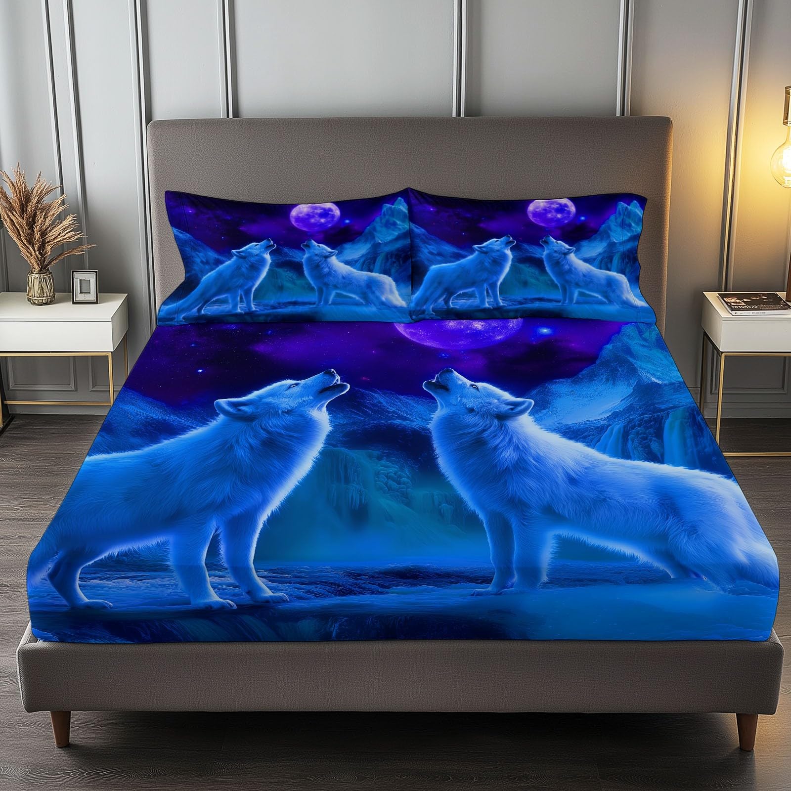 Lenzuola Matrimoniali Fantasia Animali Lupo, Blu Set Lenzuola con Angoli in Microfibra con Angolo Fino a 30 cm con 2 Federe, Set completo da letto per Bambini e Adulti, 150 x 200 cm