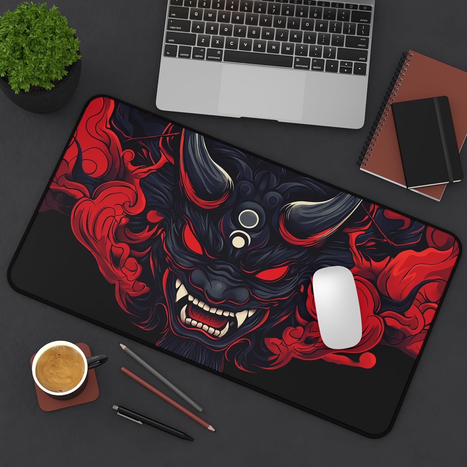 Fierce Demon Desk Mat, Gaming Gear, Office Decor, Unique Gift, Japanese Art, Oni Desk mat, Japanese Desk mat