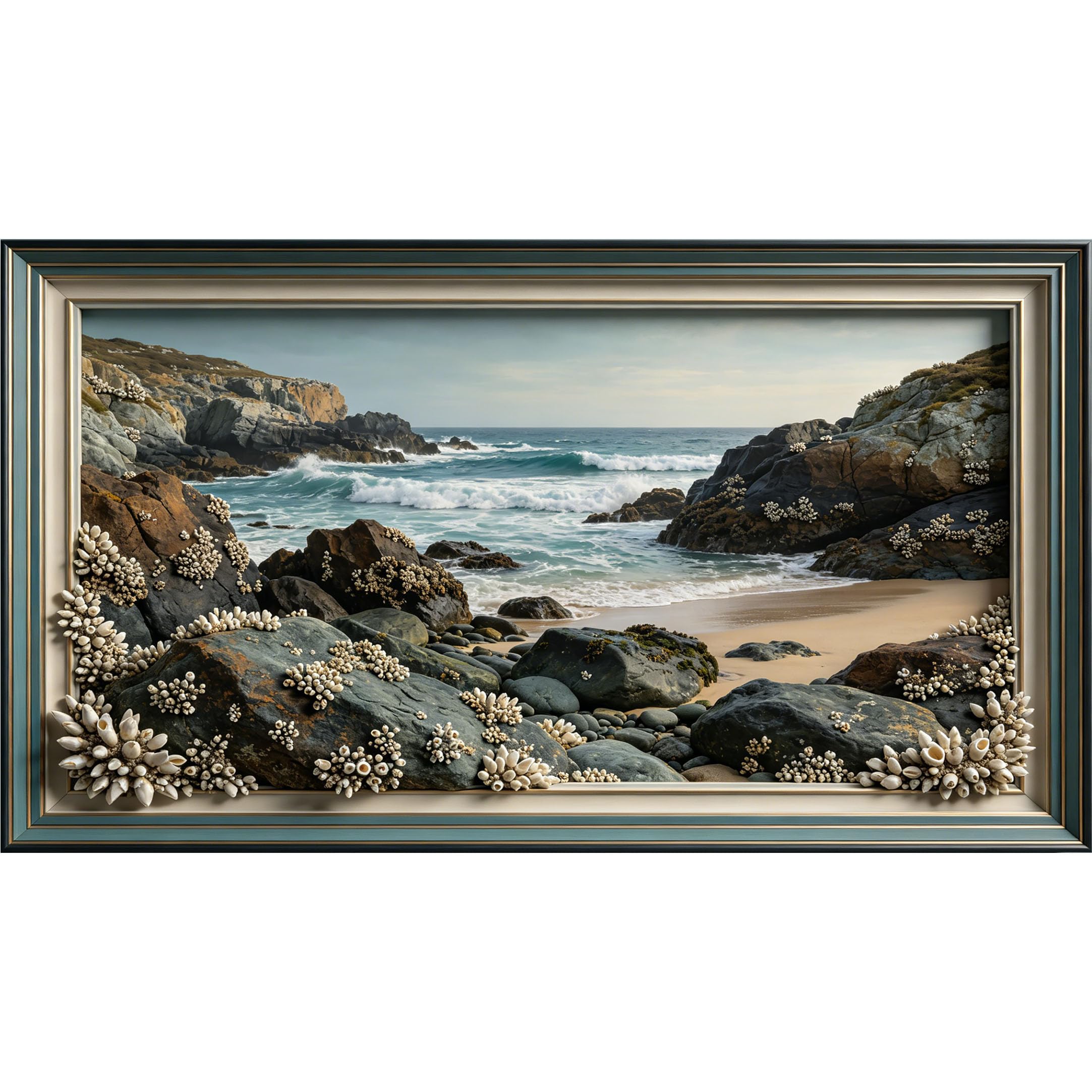 QZLITHOTIC 50×90cm3D Framed Wall Art， Coastal Ocean Waves Rocky Shoreline Self?Adhesive Mural， Water?Activated Peel & Stick Fabric Decor Wall Decal for Bedroom Living Room