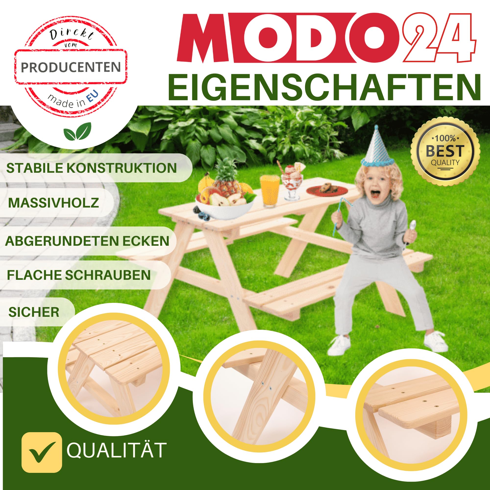 Kindersitzgarnitur für 4, Picknicktisch für Kinder aus Kiefernholz, Outdoor Sitzgruppe mit 2 Bänken, Gartensitzgarnitur & Spielmöbel, Abmessungen 90x91x50 cm, Farbe: Grau (imprägniert)