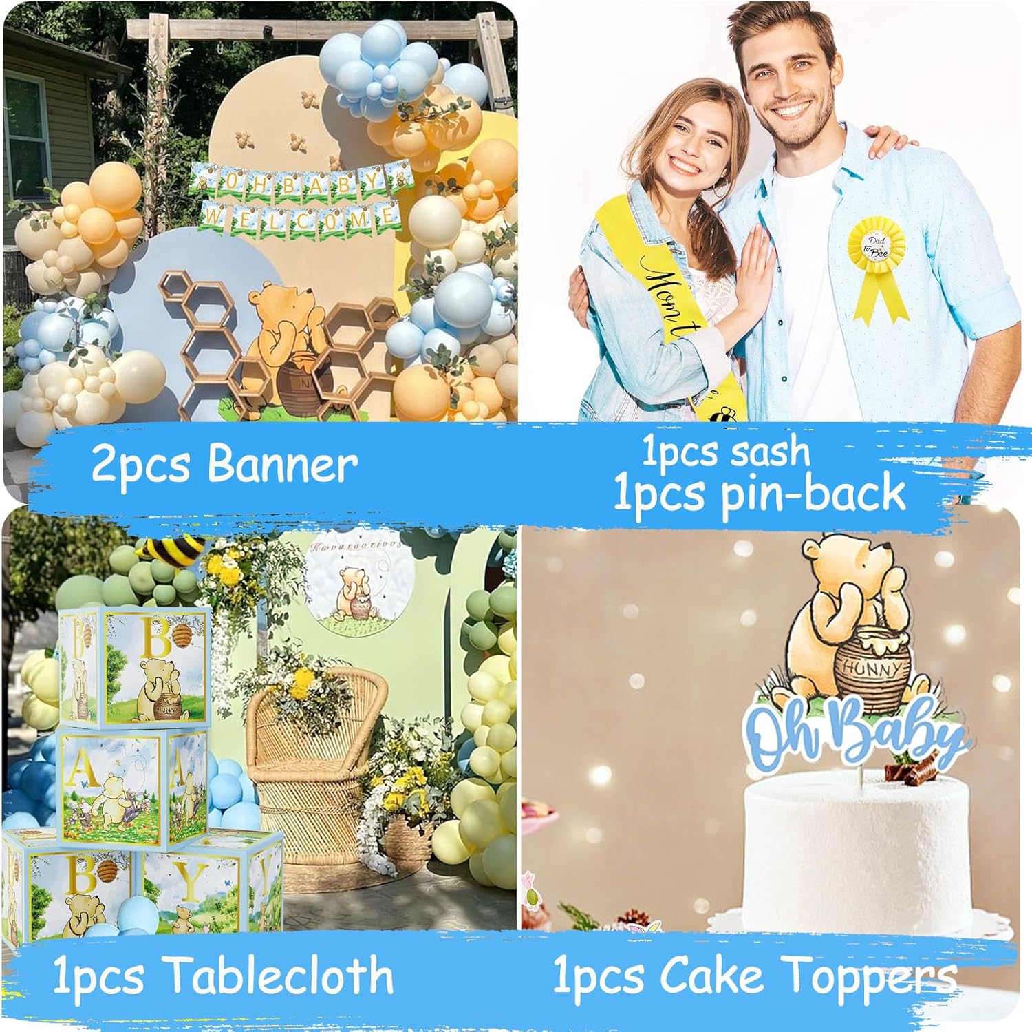 159pcs Blue Classic Winnie Baby Shower Decorations Kit, Vintage Pooh Party Supplies, Classic Pooh Backdrop, Cake Topper, Tablecloth Box Decorations for Girl Boy Baby Shower