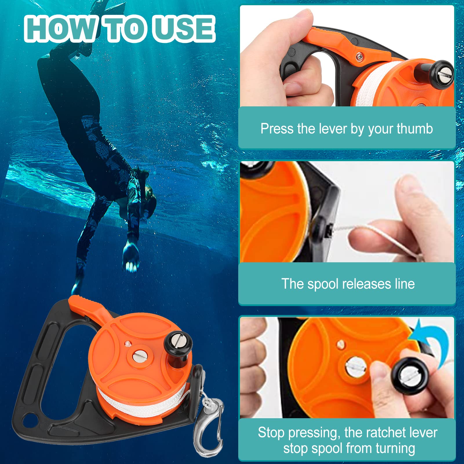 Scuba Dive Reel, 150ft Diving Line Reel, Finger Spool Float Lline Spearfishing Spool Tauchausrüstung mit Griff Kartenposition für Tauchausrüstung Unterwassertauchen