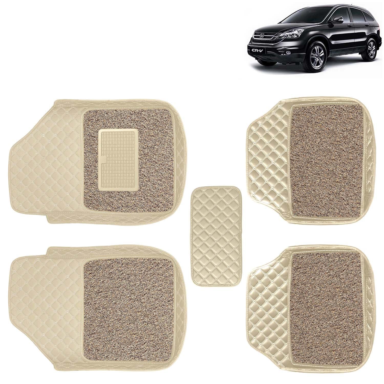 KINGSWAY Universal Fit 7D Car Mat Compatible with Honda CRV (Year 2007 to 2011 - All Model) | PU Leatherette Set of 5 Pcs Floor Mats | All Weather Foot Mats Car Accessories in Beige Color