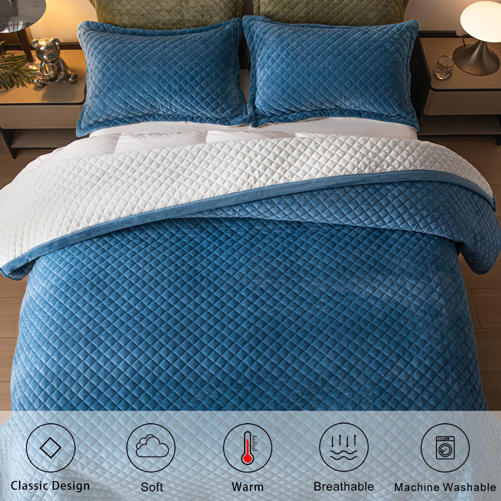 tohrisa 3-teiliges Bettwäsche-Set aus Samt für King-Size-Bett, ultraweiche Bettwäsche mit 2 Kissenbezügen, leichte, wendbare Tagesdecke mit karierter Steppung für alle Jahreszeiten, Königsblau/Weiß,