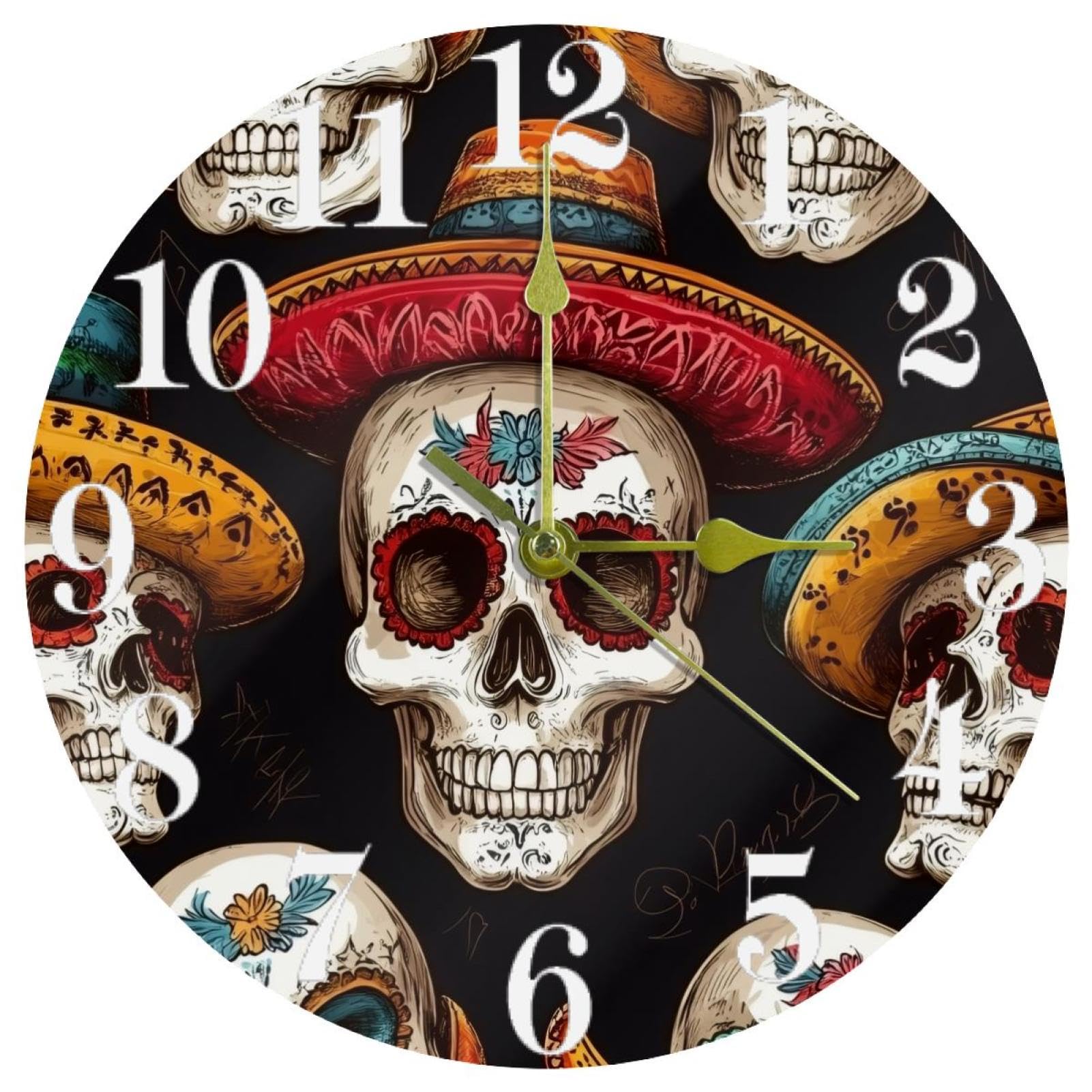 Horloge murale mexicaine tête de mort à quartz pour maison et école