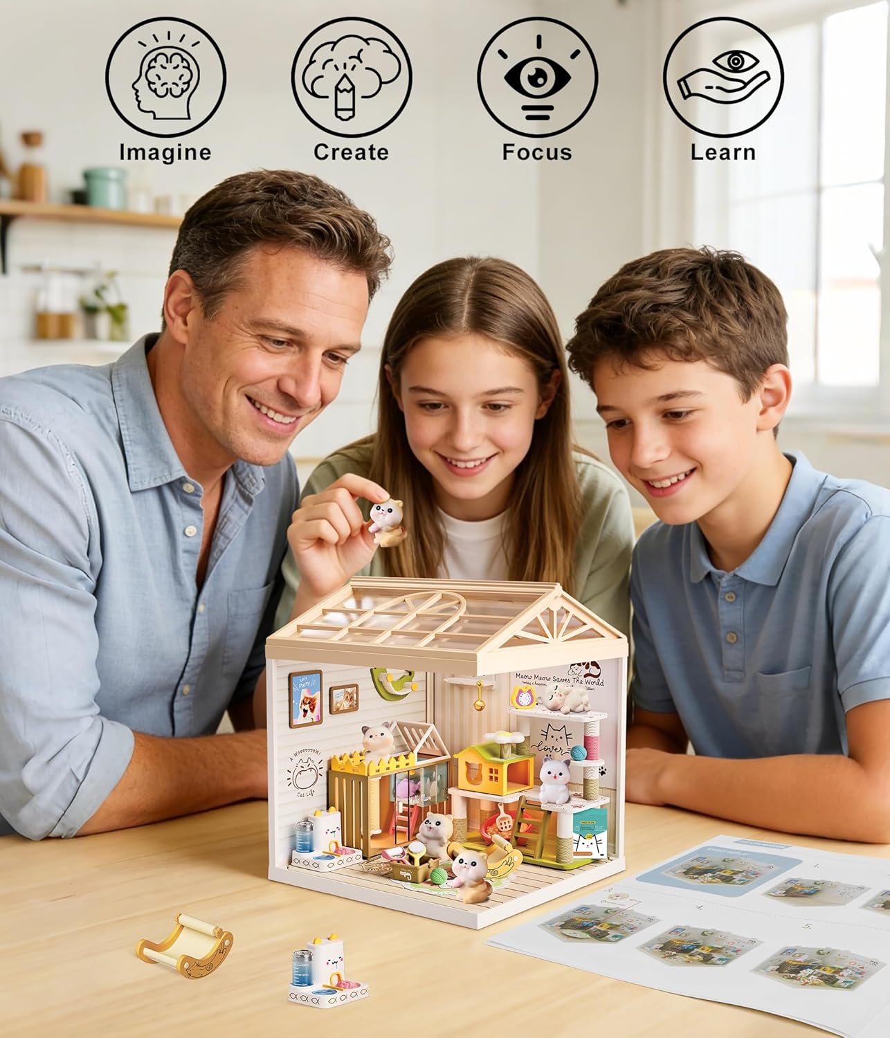 DIY Miniature Cat Pet Shop Dollhouse Kit with Dustproof Cover & Roof - Purrfect Tiny Animal Shelter Room with Led Lights - Creative Craft Set for Ages 14+