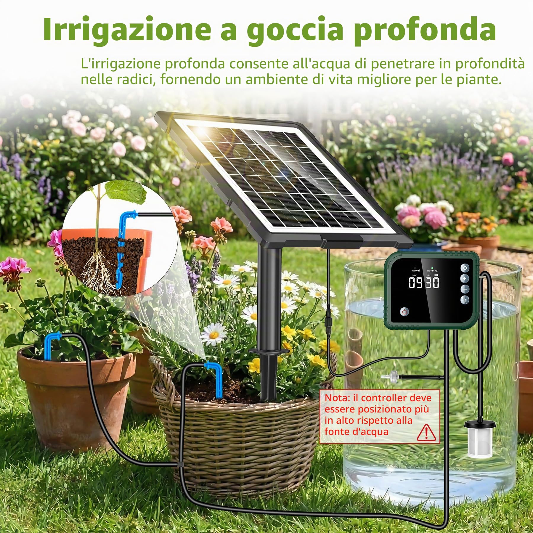 Forever Speed 350 Modalità Solar Automatic Drip Irrigation Kit con Controllore, Irrigazione a Goccia Automatica con 15 M per Giardini Kit Irrigazione Giardino per Giardini, Balconi, Piante in Vaso