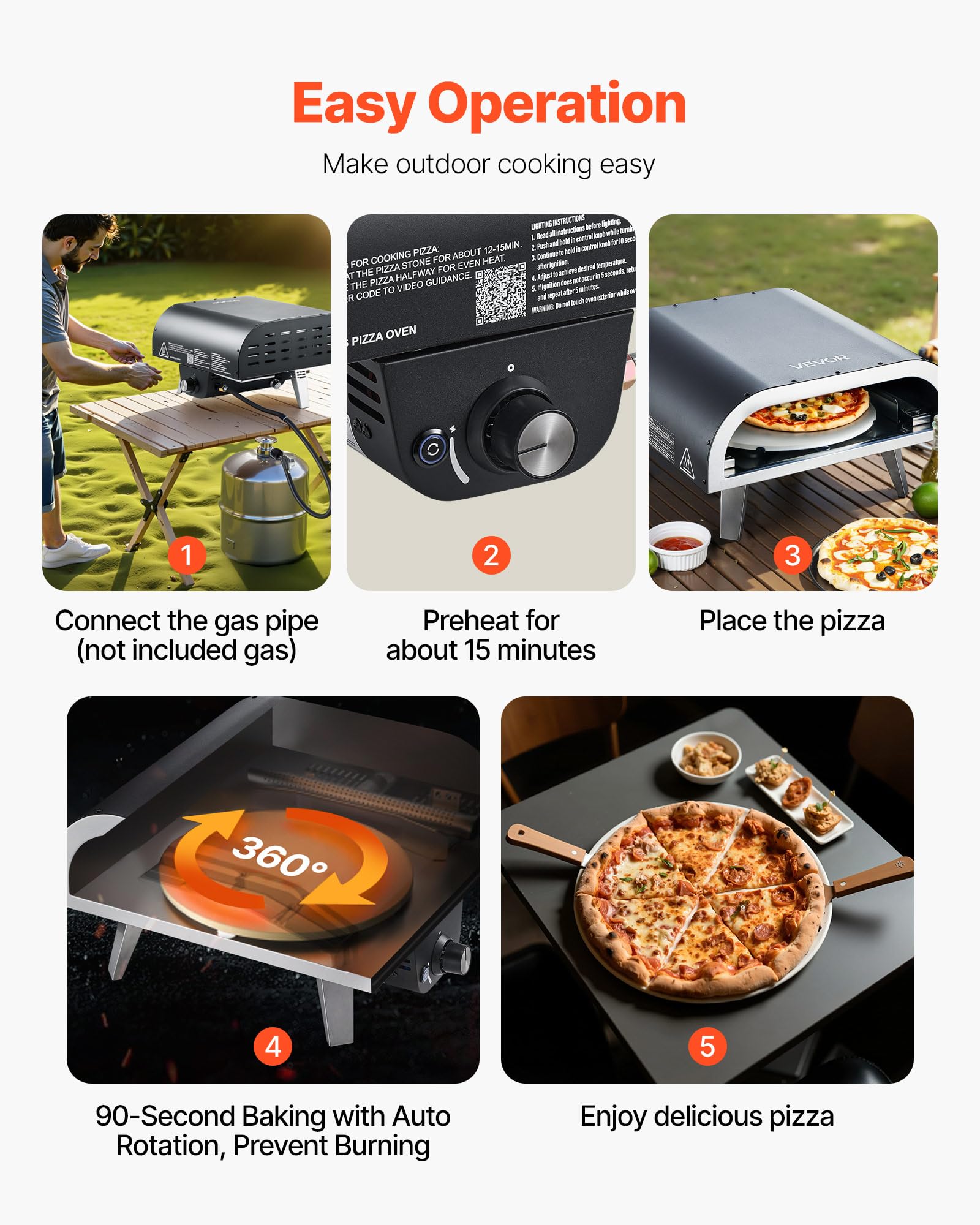 VEVOR Forno per Pizza da Esterno a Gas Propano 304,8 mm con Rotazione Elettrica, Pietra Spessa, Nero