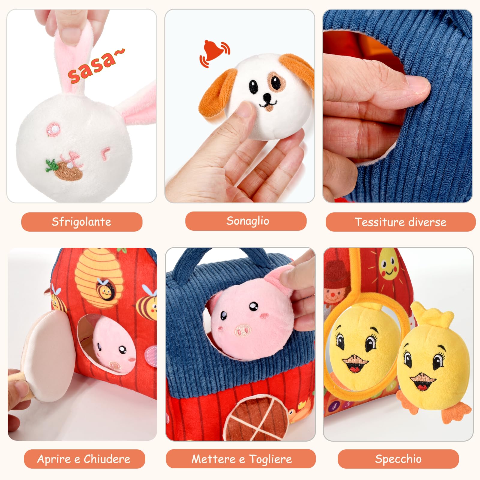 Loyzico Giochi Bambini 1 Anno 6 9 12 Mesi, Montessori Gioco Neonato Fattoria, Fienile e 6 Animali della Fattoria in Peluche, Sonaglio e Specchio-Regalo Bimbo Bimba 1 Anno Bambino