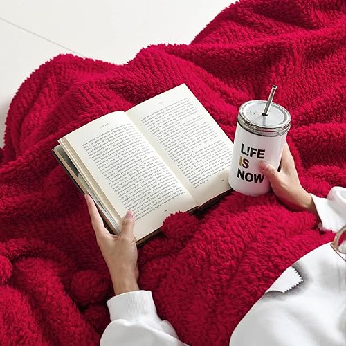 Miniatura 4 de Manta sherpa ultrasuave y acogedora con flecos de pompones, ligera, cálida, decorativa, estilo bohemio, para sofá, dormitorio, viajes, exteriores,