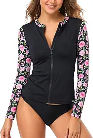 Rash Guard para mulheres – Camisetas de natação de manga comprida com zíper, top aquático para surfe FPS 50+ FPS proteção solar e UV