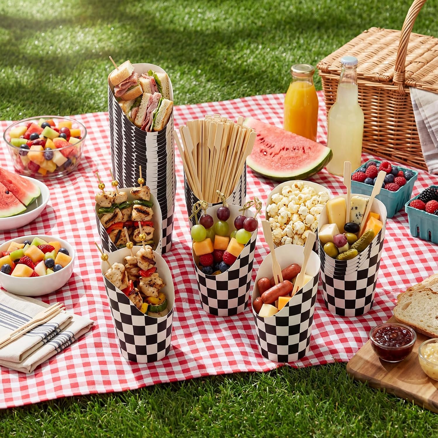 Qinyoung 250 Pcs Checkered Charcuterie Cups with Cocktail Picks 50 Black and White Racing Party Paper Cups and 200 Sticks Disposable for Race Car Birthday Party Supplies