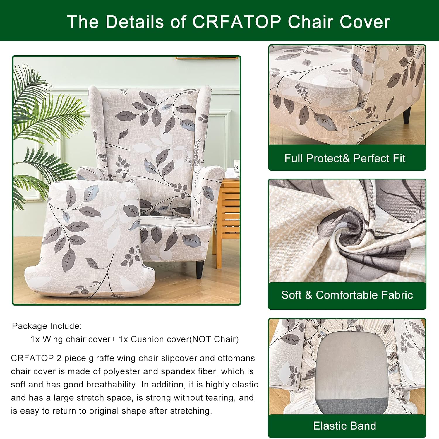 CRFATOP Wingback Chair Covers 2 Pieces Stretch Printed Wing Back Chair Cover Sofa Slipcover Washable Wingback Armchair Slipcovers Furniture Protector with Elastic Bottom for Wingback Chairs,B07