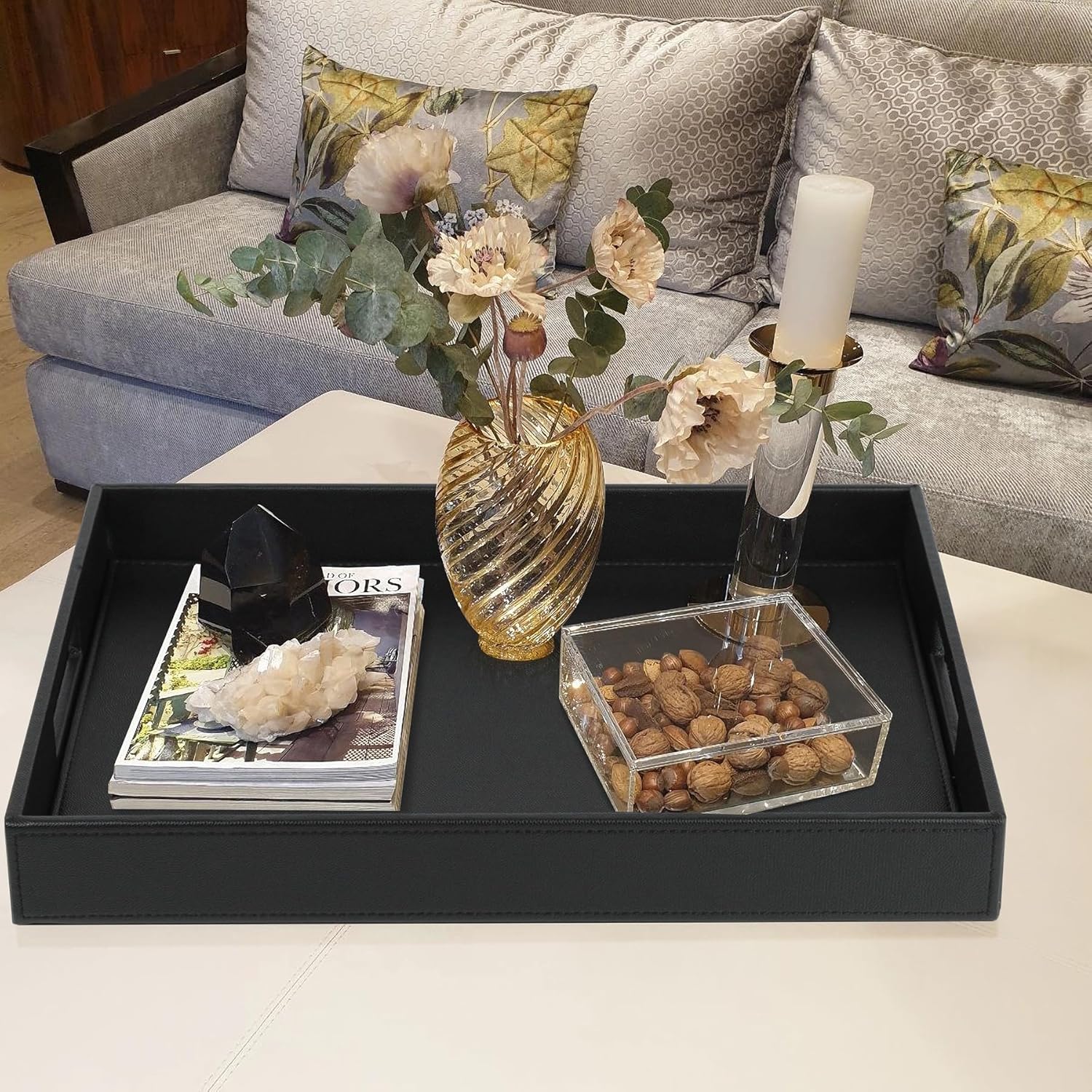 HofferRuffer Rectangle Serving Tray with Hole Handles for Coffee Table, Breakfast, Tea, Food, Butler - Countertop, Kitchen, Vanity Serve Tray, 16.2 x 12.2 x 2 inches, Faux Leather Tray (Black) - Image 4