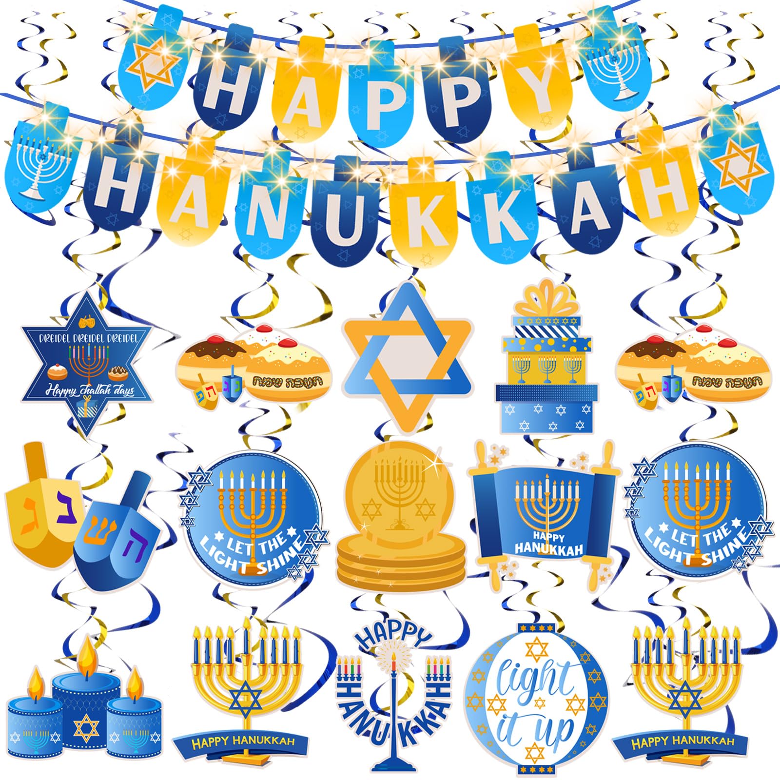 Tudomro 40 Pcs Hanukkah Theme Decor Kit 36 Pcs Hanukkah Hanging Swirls and 2 Pcs Happy Hanukkah Banner 2 Pcs LED String for Chanukah Party, Happy Hanukkah Party Decor