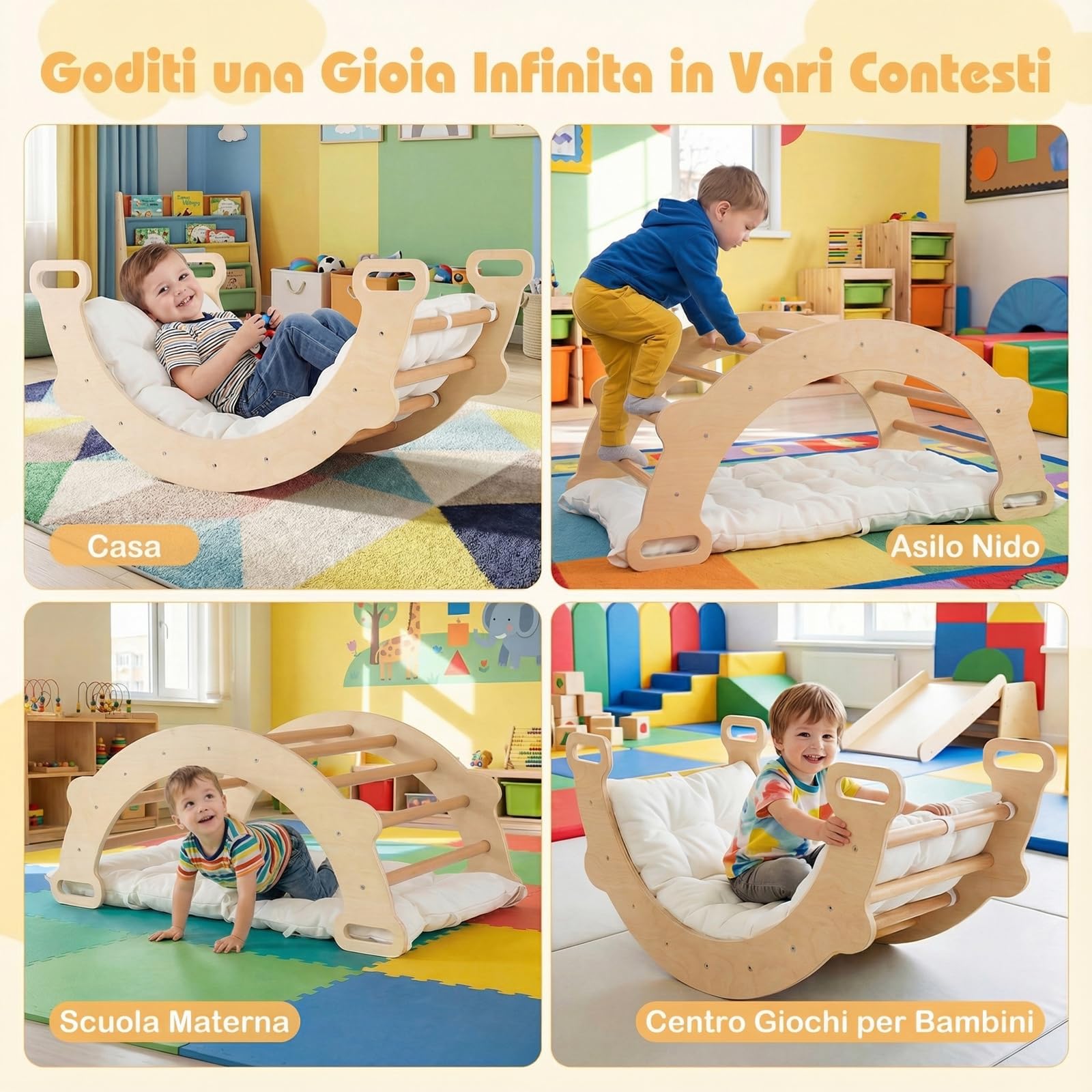RELAX4LIFE 3 in 1 Arco da Arrampicata per Bambini con Cuscino Morbido, Triangolo da Arrampicata in Legno, Tunnel per Gattonare, Altalena da Interno per Bambini 1+ Anno, 81 x 50,5 x 38 cm (Naturale)